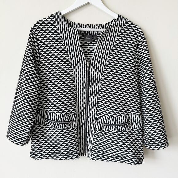 Chico's Travelers Jacket Size 2/L Geo Print Black White Moto Zipper Light Coat - Picture 1 of 6